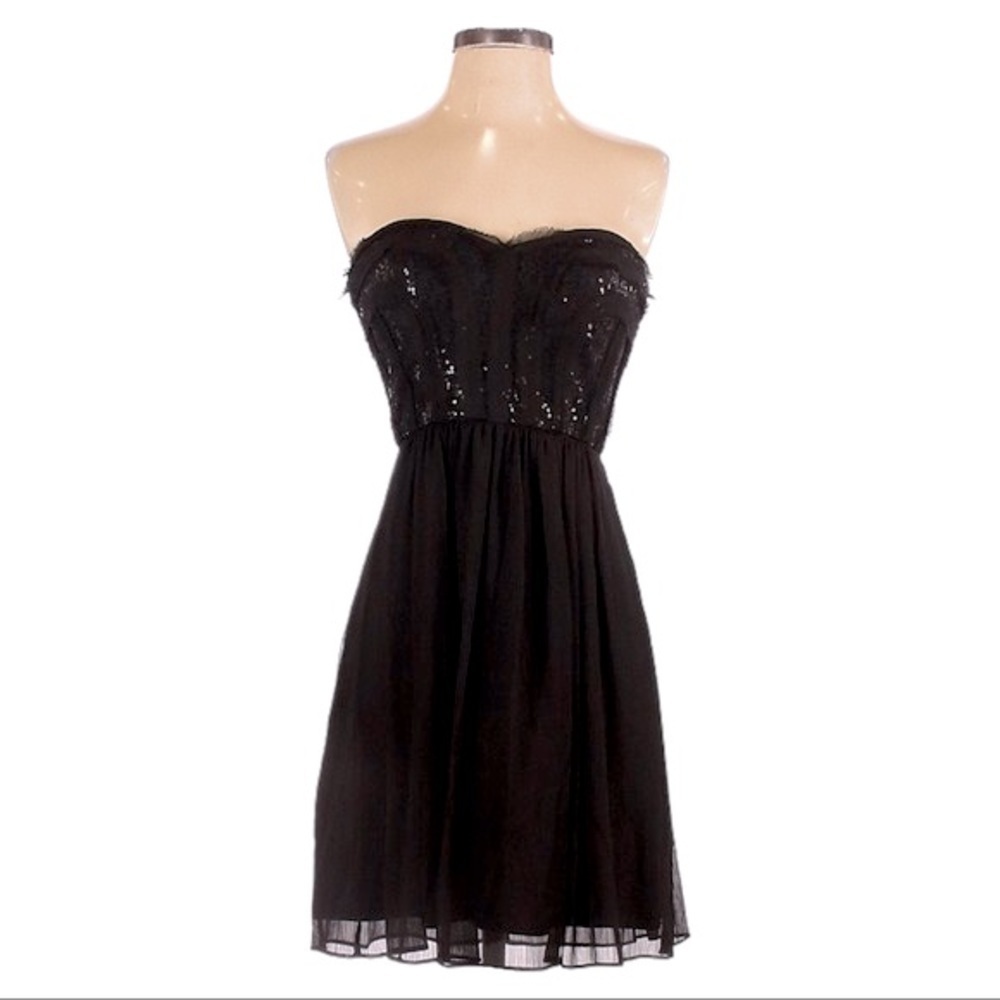 Max & Cleo Monica Sequin Chiffon Strapless Little Black Mini Dress Size 2
